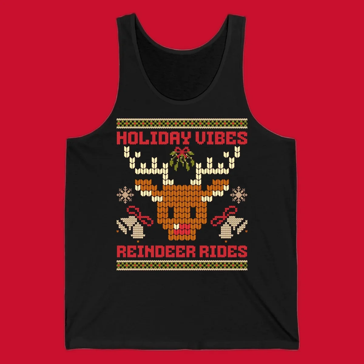 Ugly Christmas design with reindeer head, mistletoe, snowflakes, bells, and text HOLIDAY VIBES REINDEER RIDES.