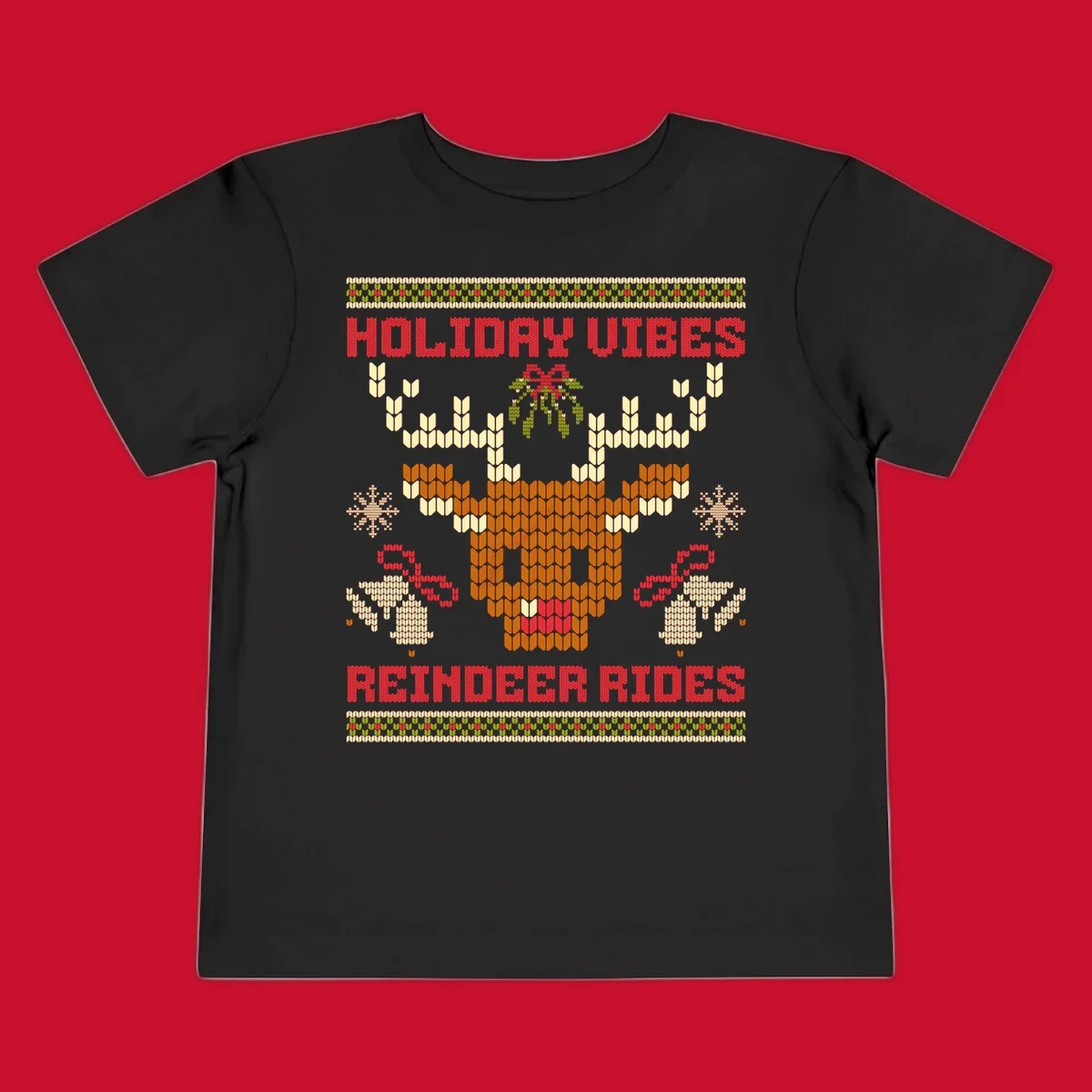 Ugly Christmas design with reindeer head, mistletoe, snowflakes, bells, and text HOLIDAY VIBES REINDEER RIDES.