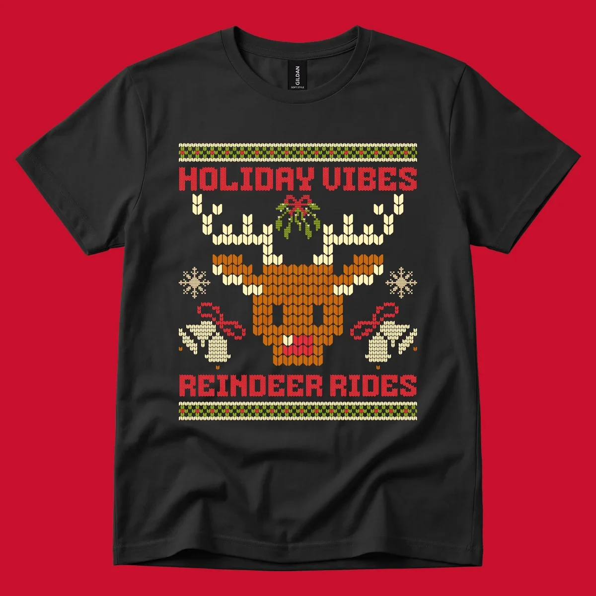 Ugly Christmas design with reindeer head, mistletoe, snowflakes, bells, and text HOLIDAY VIBES REINDEER RIDES.