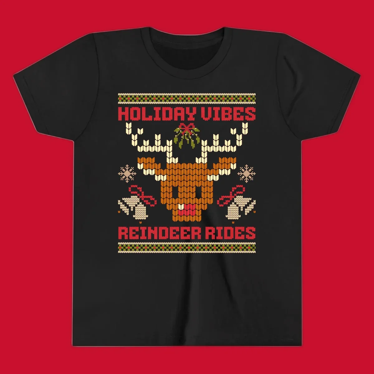 Ugly Christmas design with reindeer head, mistletoe, snowflakes, bells, and text HOLIDAY VIBES REINDEER RIDES.