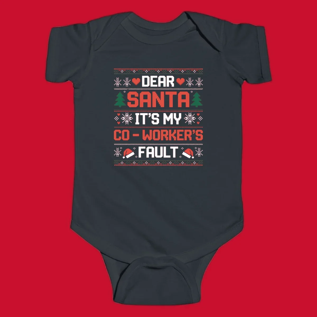 Ugly Christmas sweater design with text 'Dear Santa It's My Co-Worker's Fault', featuring hearts, snowflakes, trees, and Santa hats.