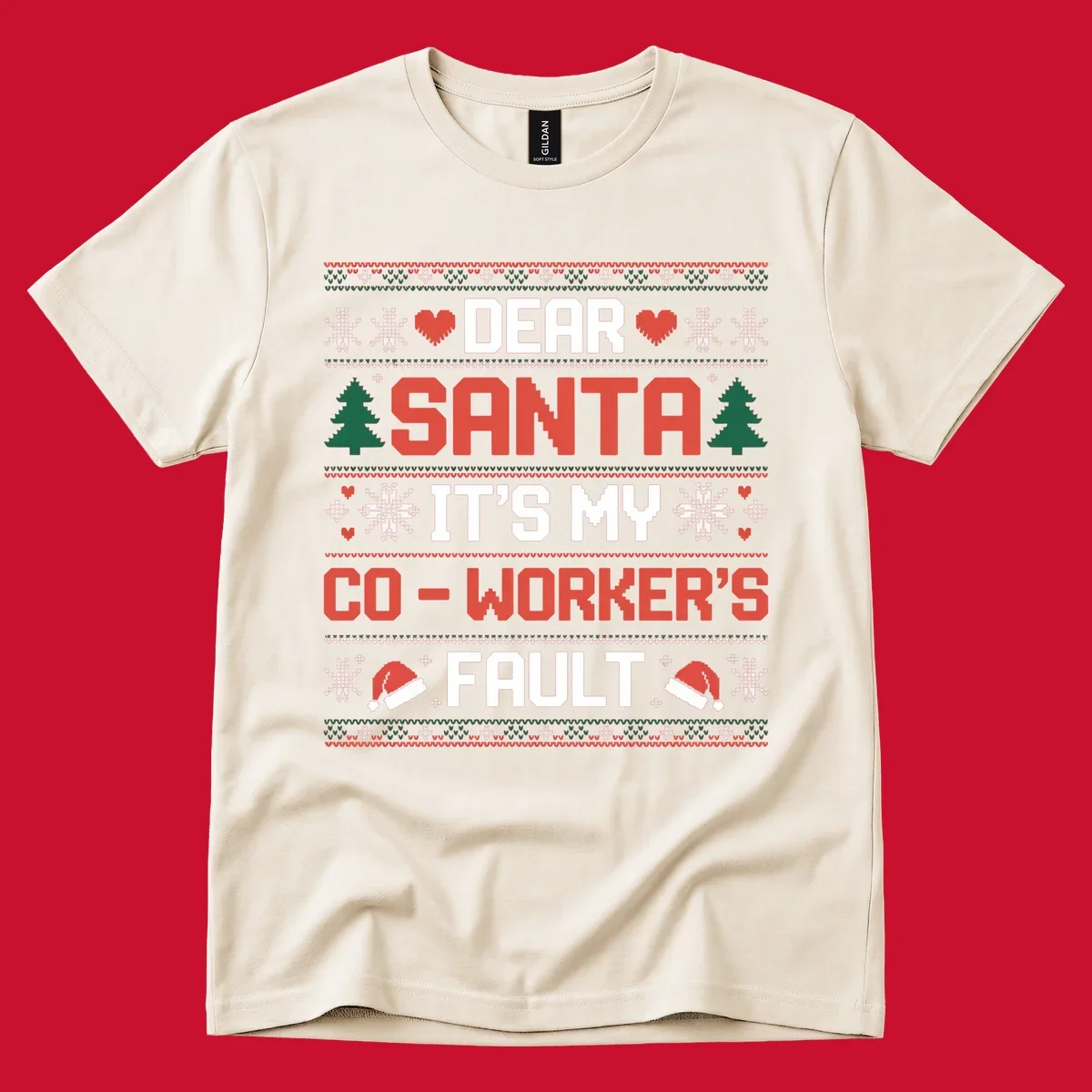 Ugly Christmas sweater design with text 'Dear Santa It's My Co-Worker's Fault', featuring hearts, snowflakes, trees, and Santa hats.