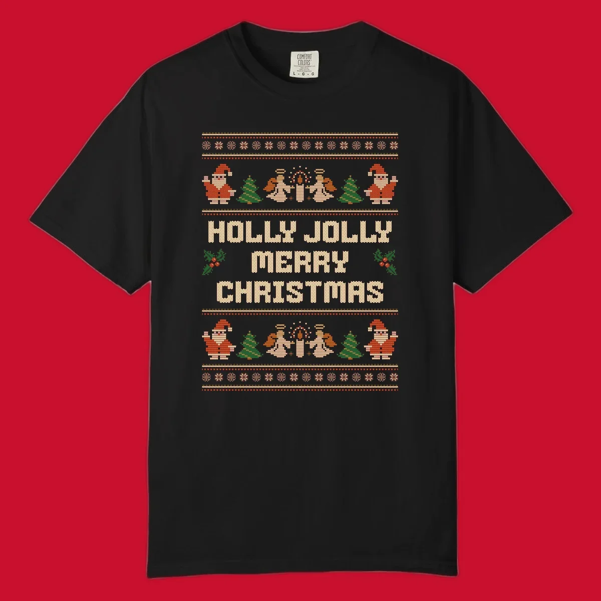 Ugly Christmas sweater design with Santa, trees, angels, and HOLLY JOLLY MERRY CHRISTMAS text.