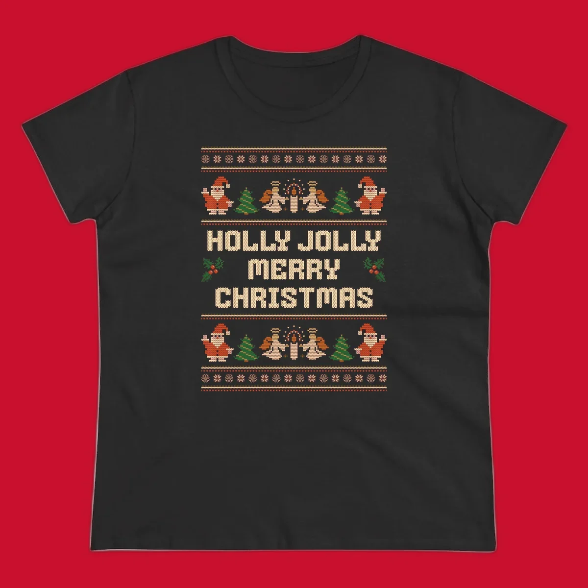 Ugly Christmas sweater design with Santa, trees, angels, and HOLLY JOLLY MERRY CHRISTMAS text.