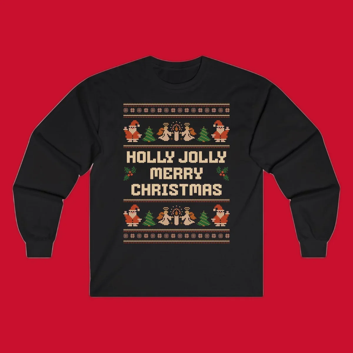 Ugly Christmas sweater design with Santa, trees, angels, and HOLLY JOLLY MERRY CHRISTMAS text.