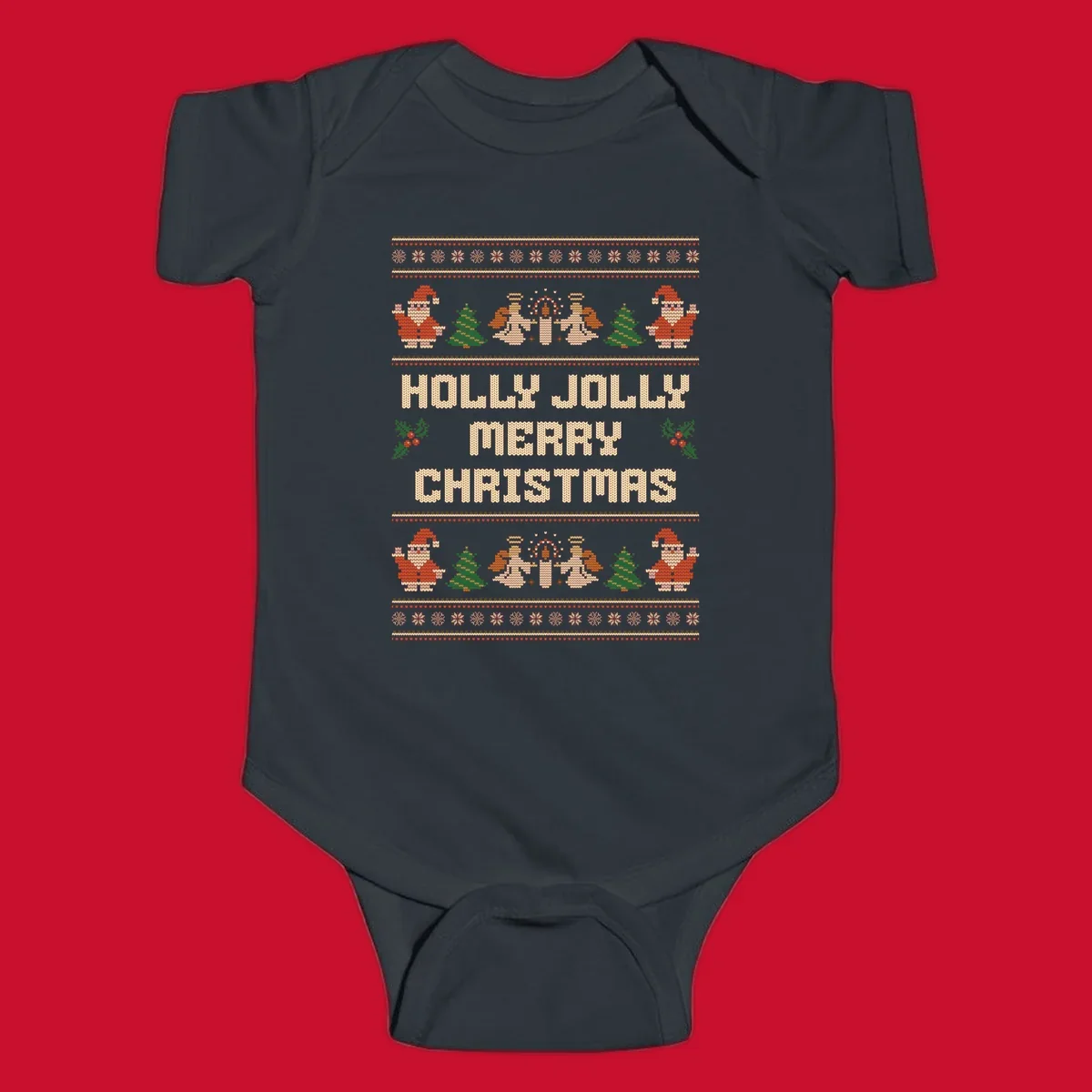 Ugly Christmas sweater design with Santa, trees, angels, and HOLLY JOLLY MERRY CHRISTMAS text.