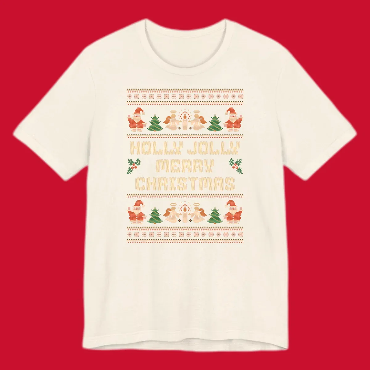 Ugly Christmas sweater design with Santa, trees, angels, and HOLLY JOLLY MERRY CHRISTMAS text.