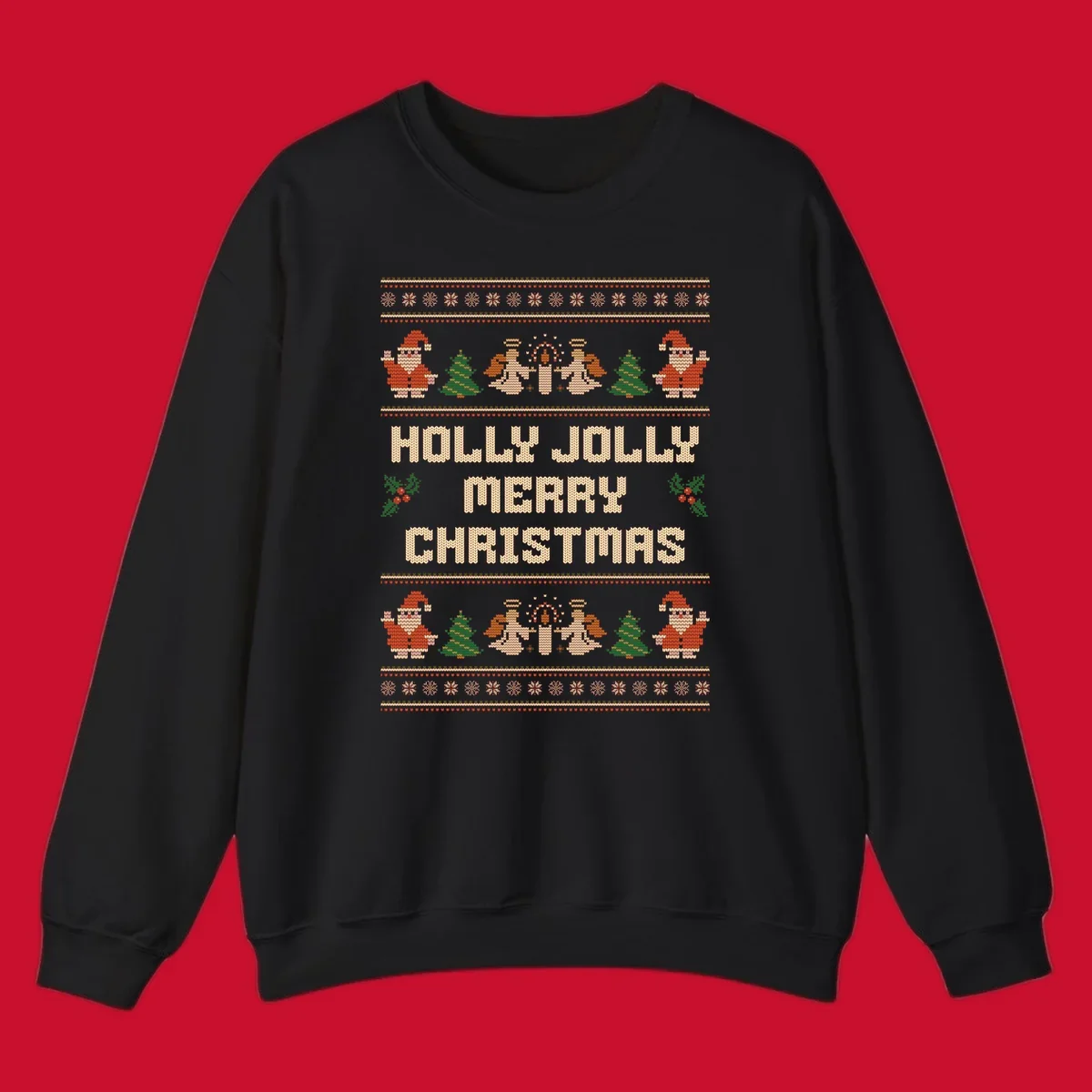 Ugly Christmas sweater design with Santa, trees, angels, and HOLLY JOLLY MERRY CHRISTMAS text.