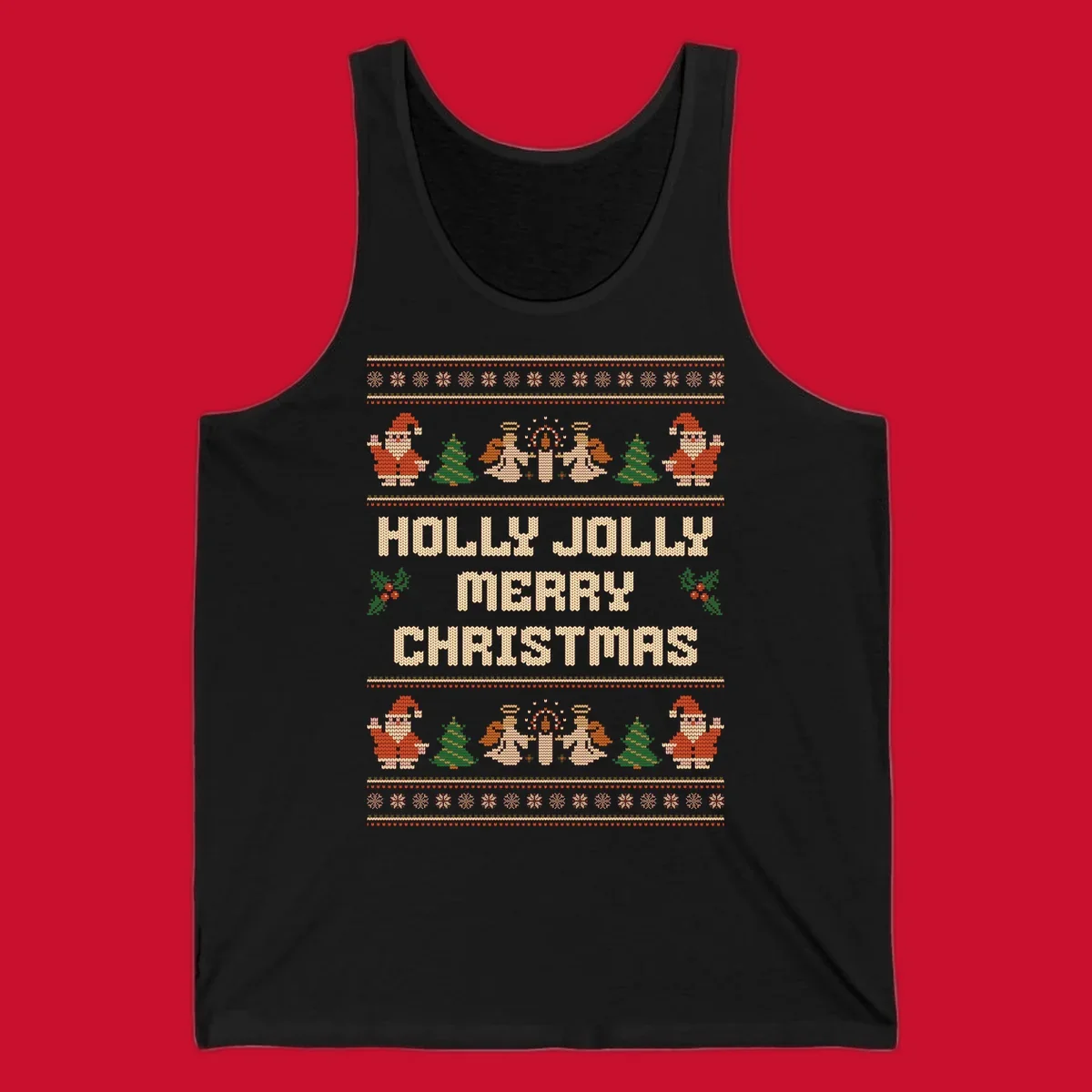 Ugly Christmas sweater design with Santa, trees, angels, and HOLLY JOLLY MERRY CHRISTMAS text.