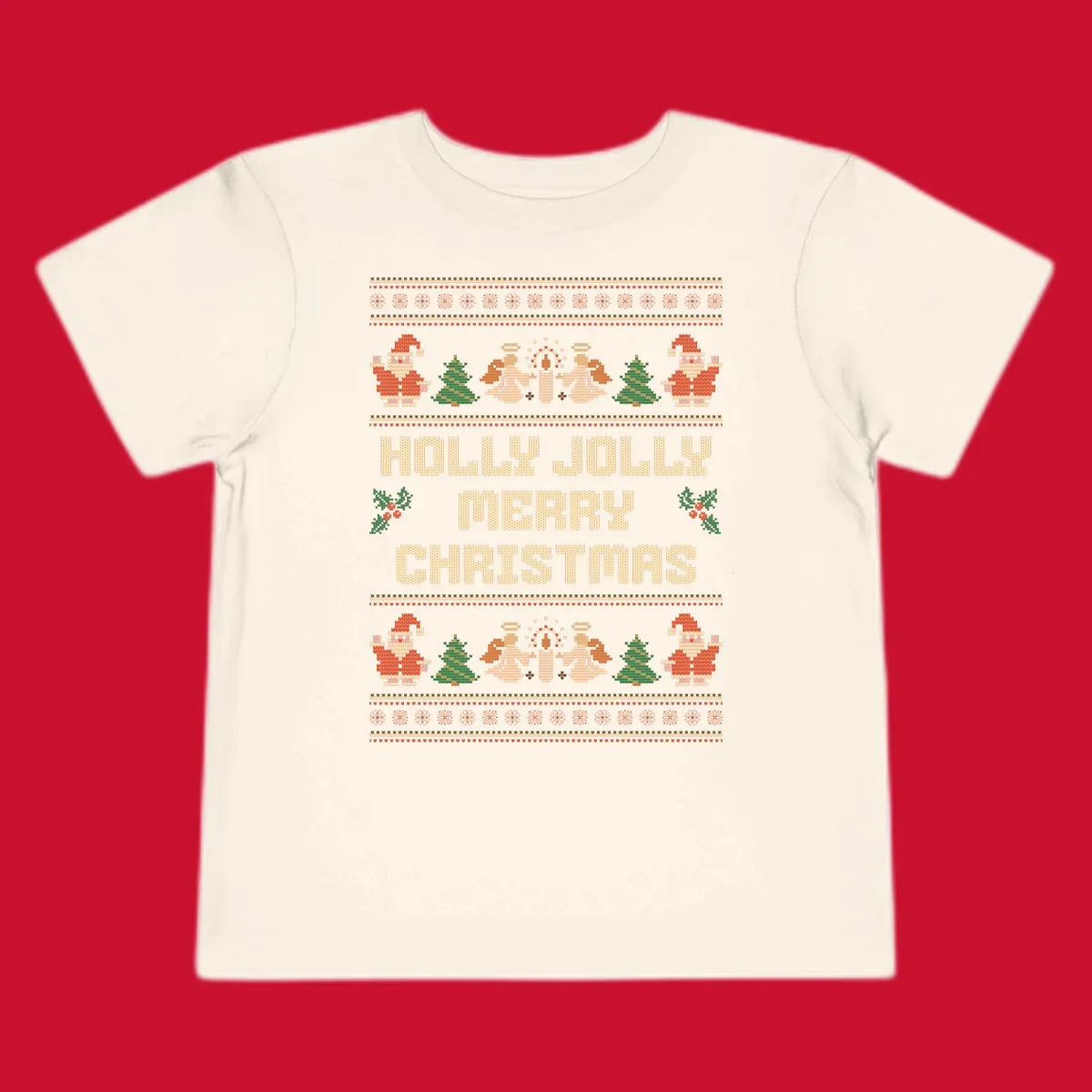 Ugly Christmas sweater design with Santa, trees, angels, and HOLLY JOLLY MERRY CHRISTMAS text.