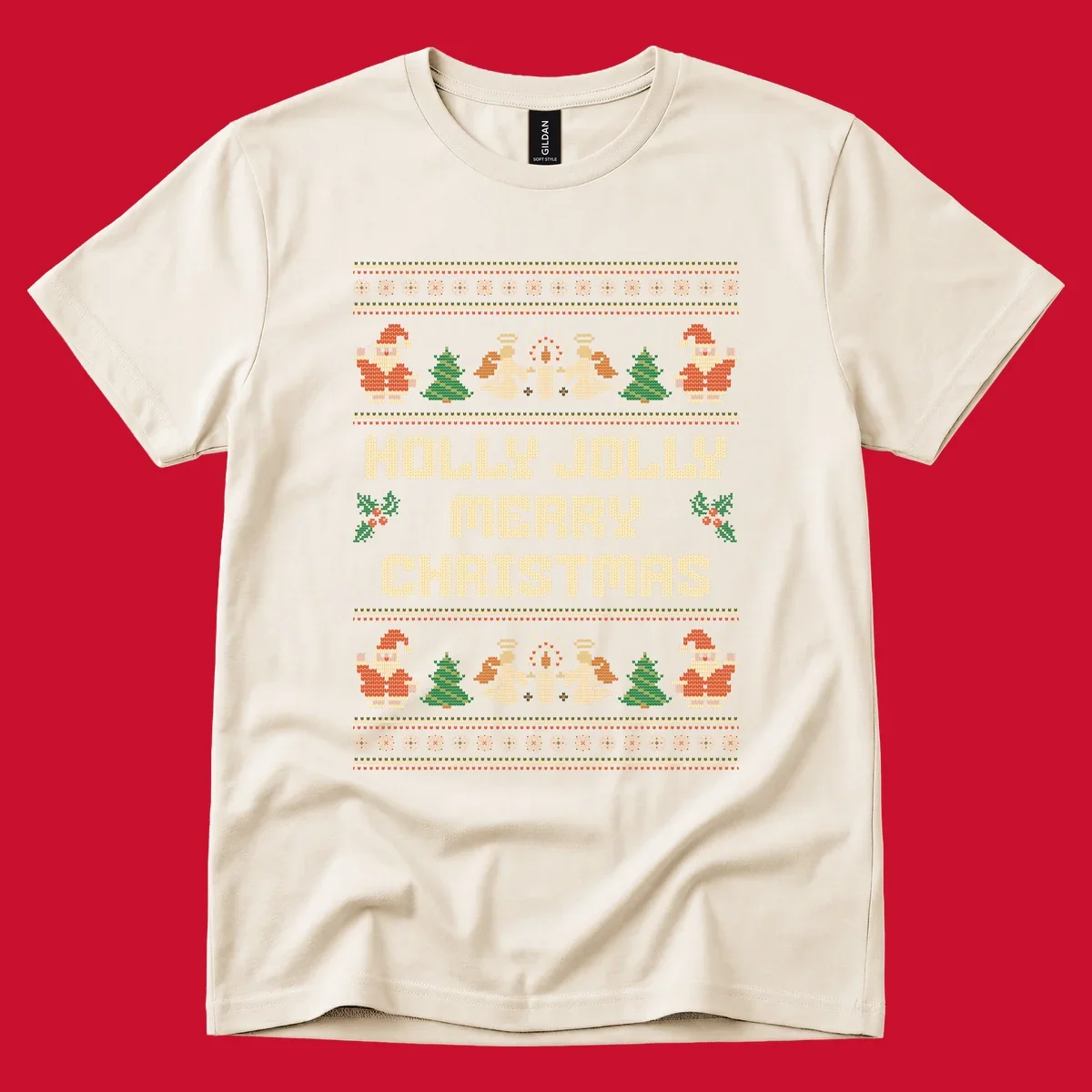 Ugly Christmas sweater design with Santa, trees, angels, and HOLLY JOLLY MERRY CHRISTMAS text.