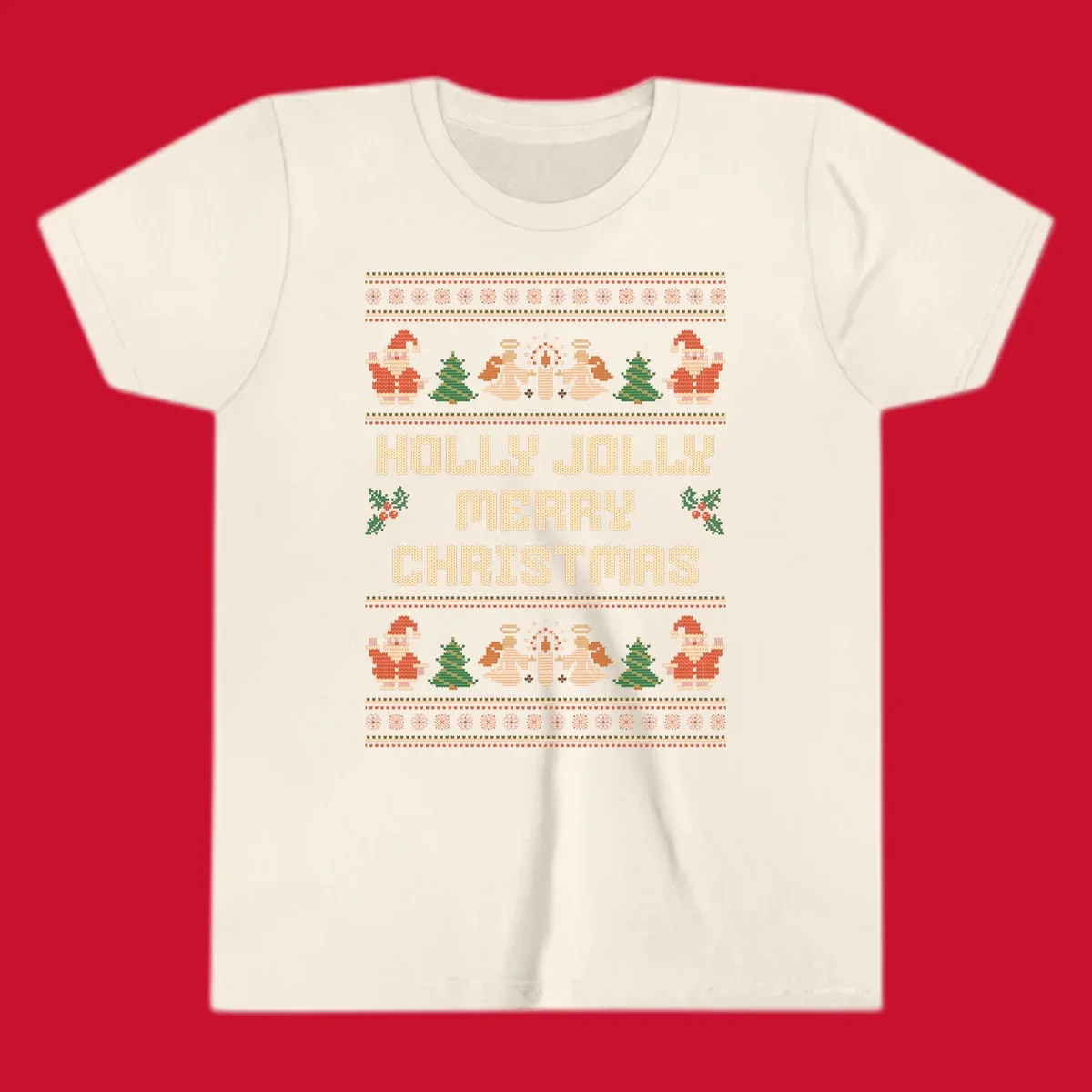 Ugly Christmas sweater design with Santa, trees, angels, and HOLLY JOLLY MERRY CHRISTMAS text.