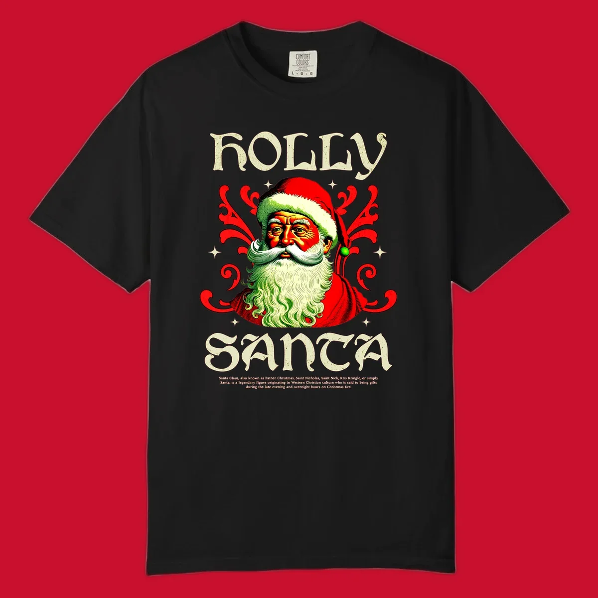 Holly Jolly Santa Claus illustration with ornate swirls and stars. Text reads HOLLY SANTA.