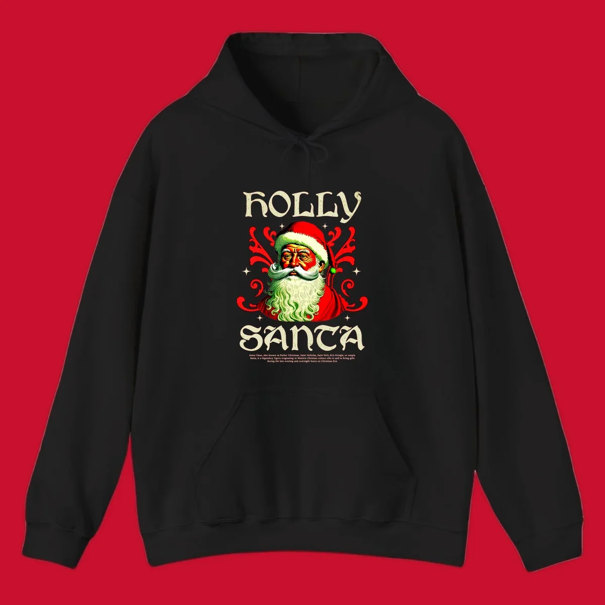 Holly Jolly Santa Claus illustration with ornate swirls and stars. Text reads HOLLY SANTA.