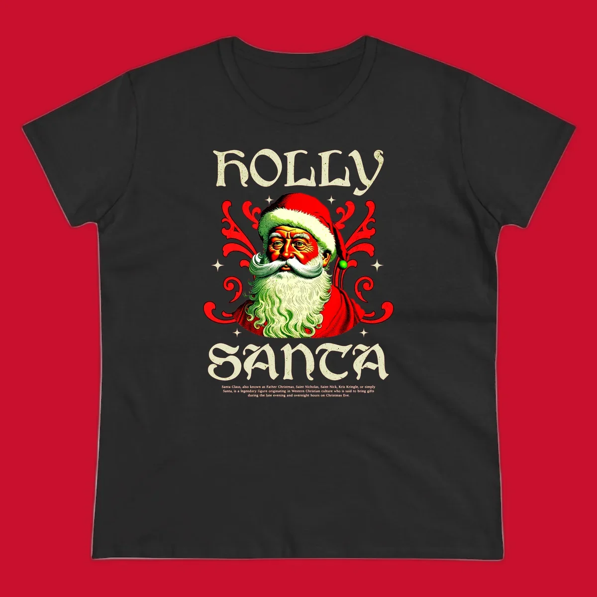 Holly Jolly Santa Claus illustration with ornate swirls and stars. Text reads HOLLY SANTA.