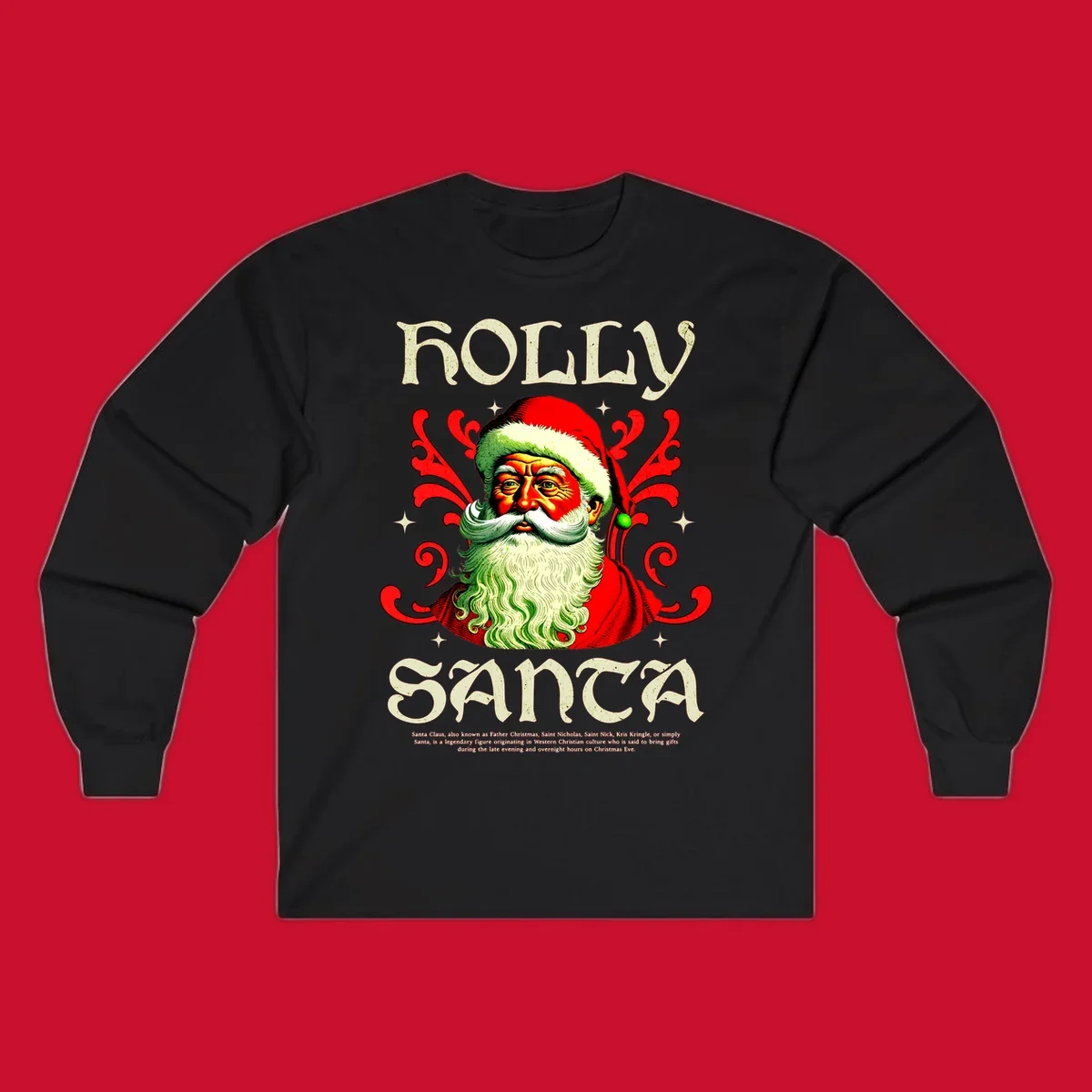 Holly Jolly Santa Claus illustration with ornate swirls and stars. Text reads HOLLY SANTA.