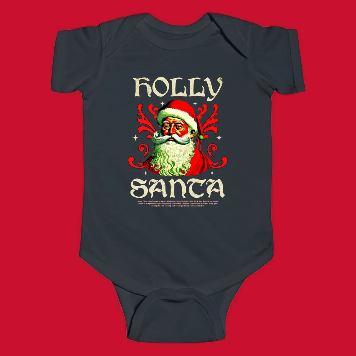 Holly Jolly Santa Claus illustration with ornate swirls and stars. Text reads HOLLY SANTA.