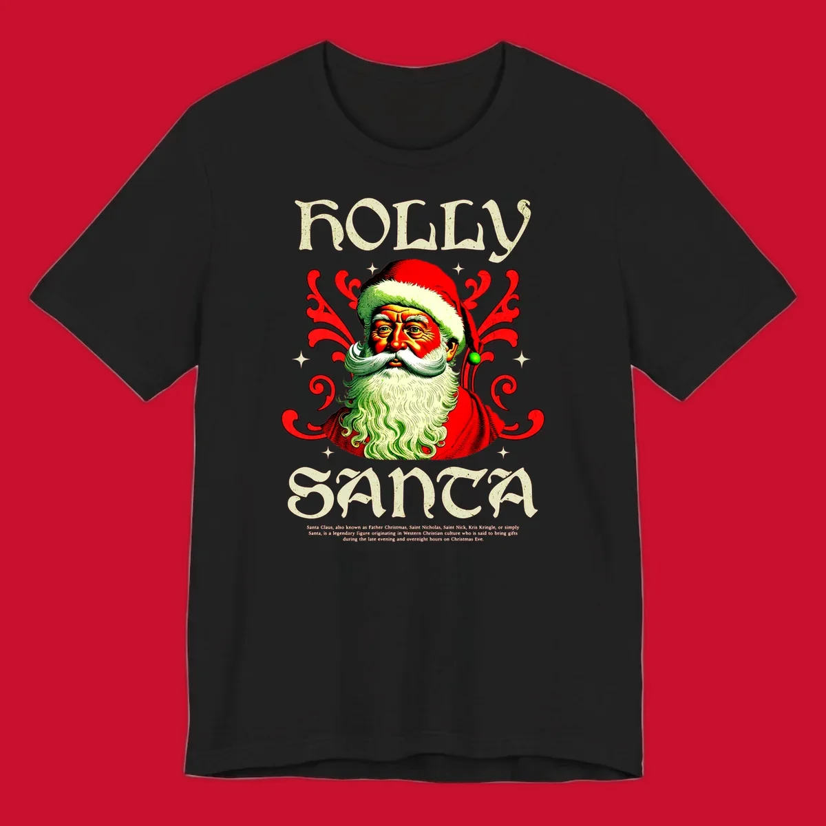 Holly Jolly Santa Claus illustration with ornate swirls and stars. Text reads HOLLY SANTA.