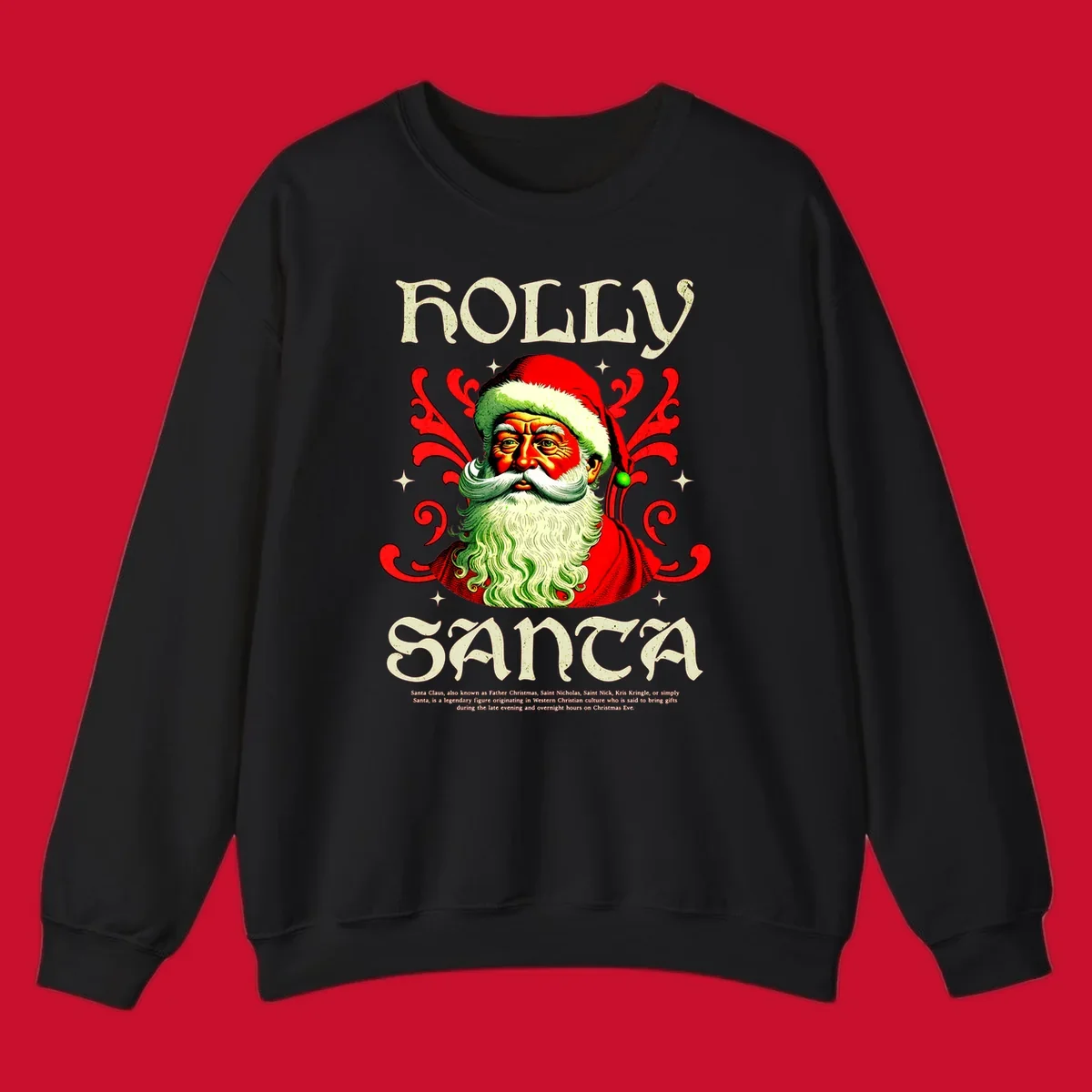 Holly Jolly Santa Claus illustration with ornate swirls and stars. Text reads HOLLY SANTA.