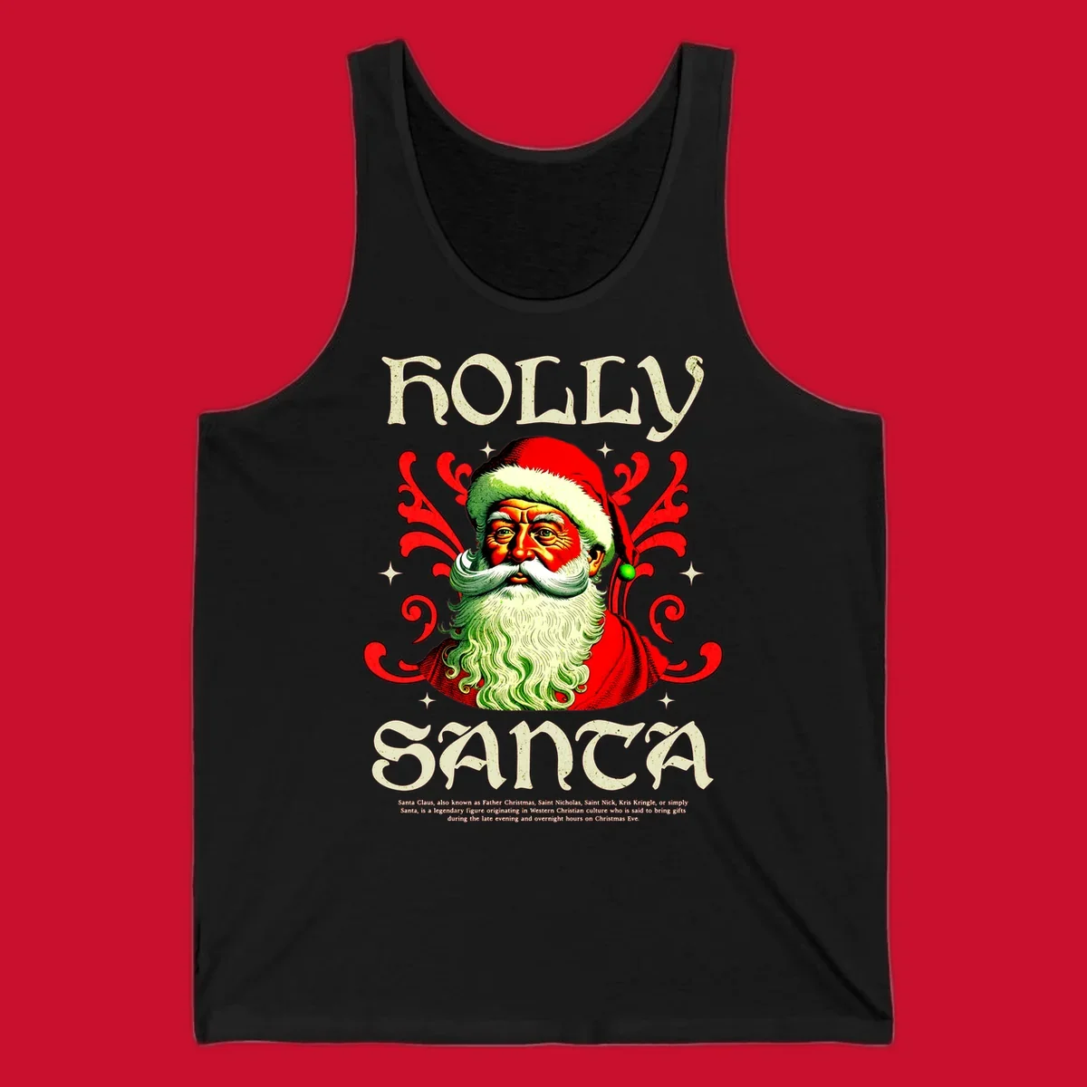 Holly Jolly Santa Claus illustration with ornate swirls and stars. Text reads HOLLY SANTA.