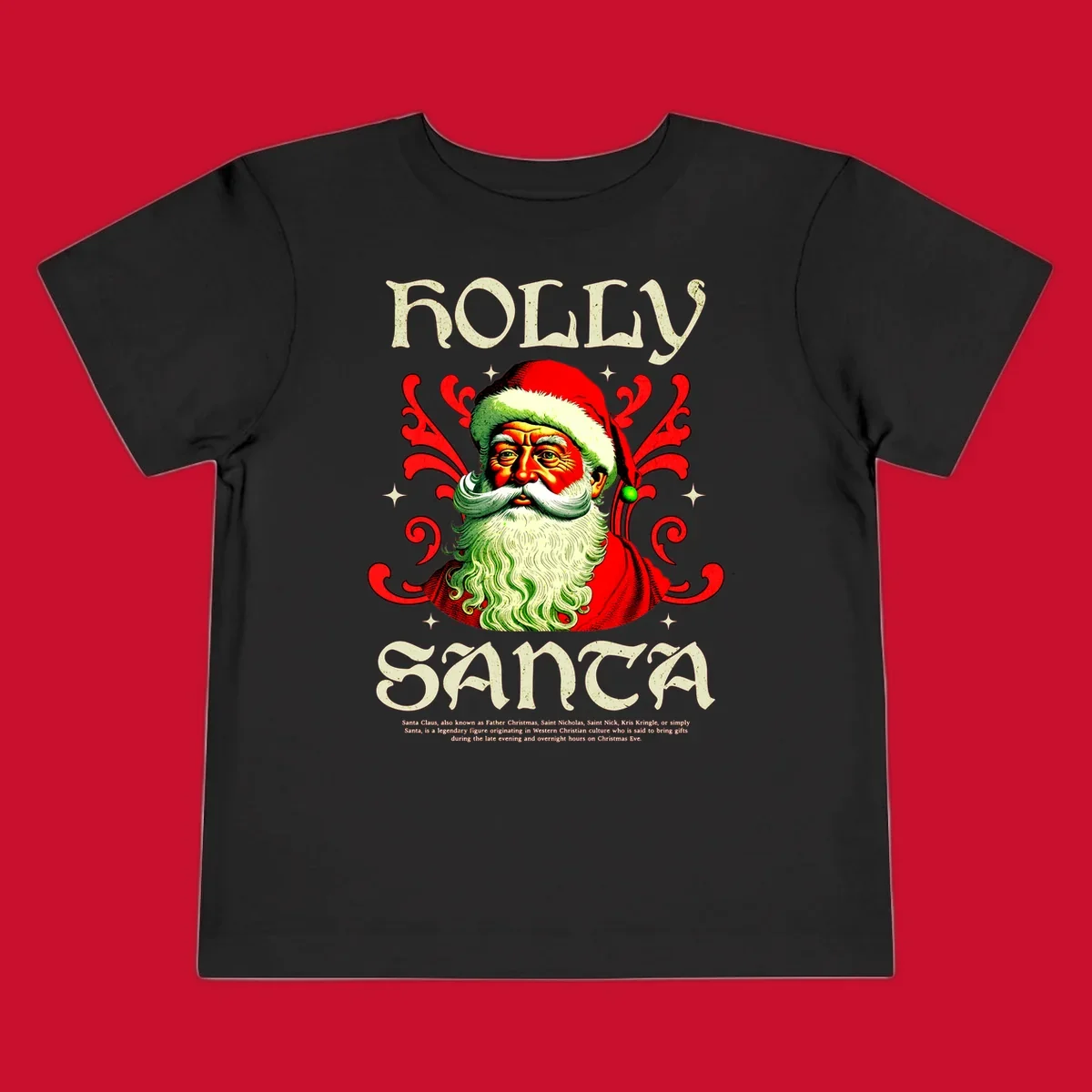 Holly Jolly Santa Claus illustration with ornate swirls and stars. Text reads HOLLY SANTA.