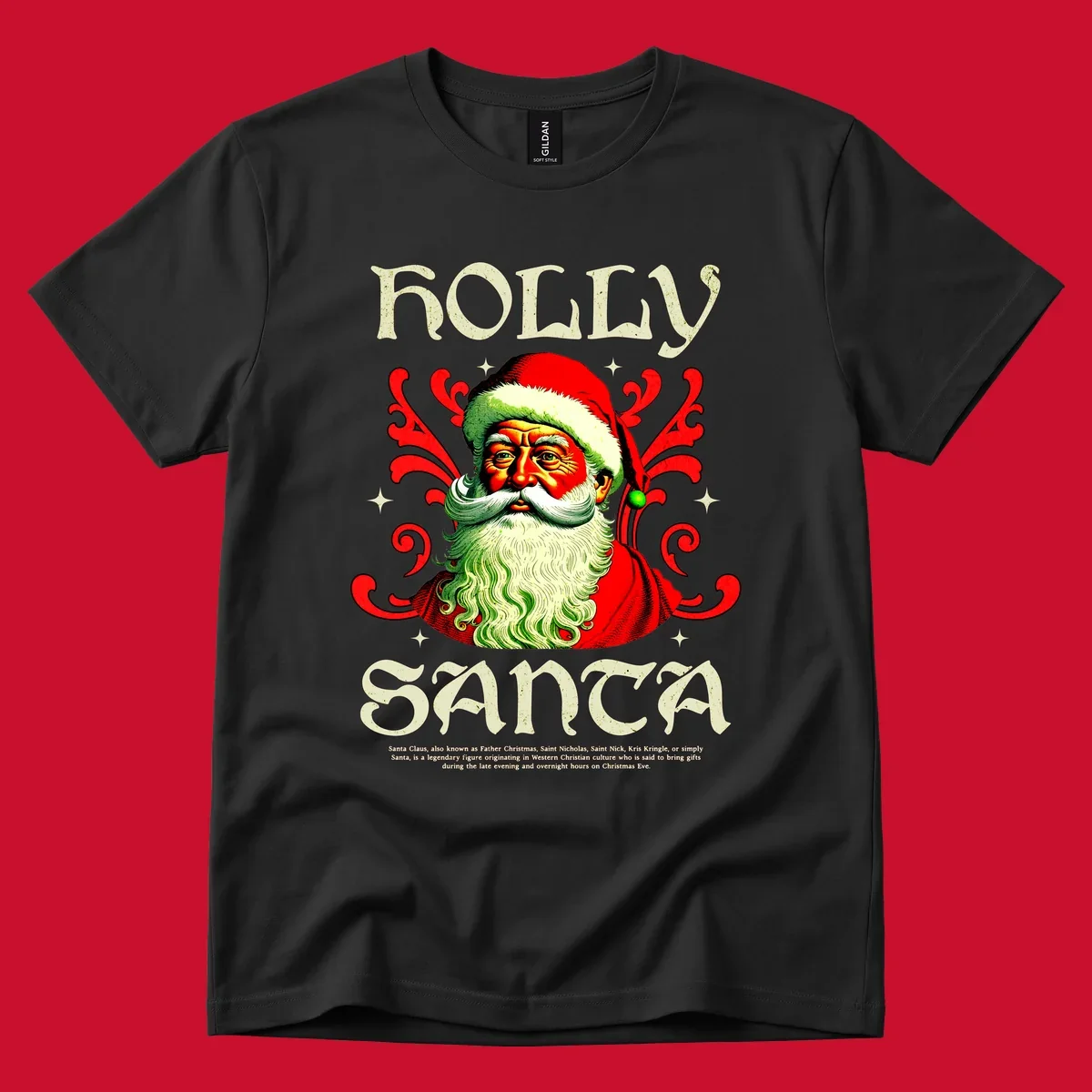 Holly Jolly Santa Claus illustration with ornate swirls and stars. Text reads HOLLY SANTA.