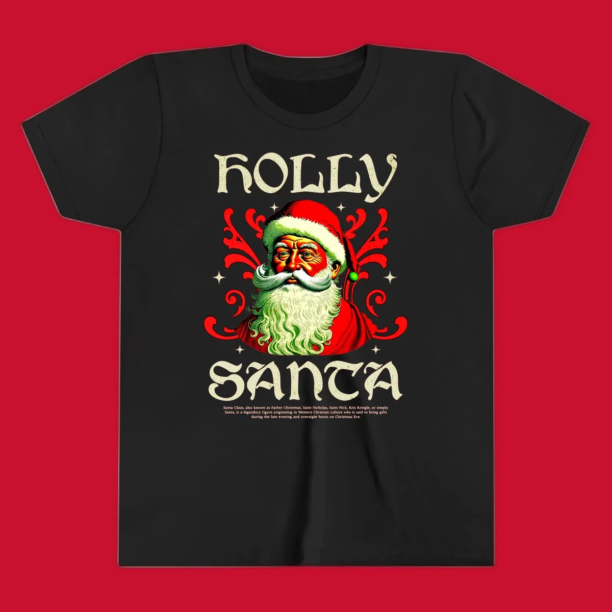 Holly Jolly Santa Claus illustration with ornate swirls and stars. Text reads HOLLY SANTA.