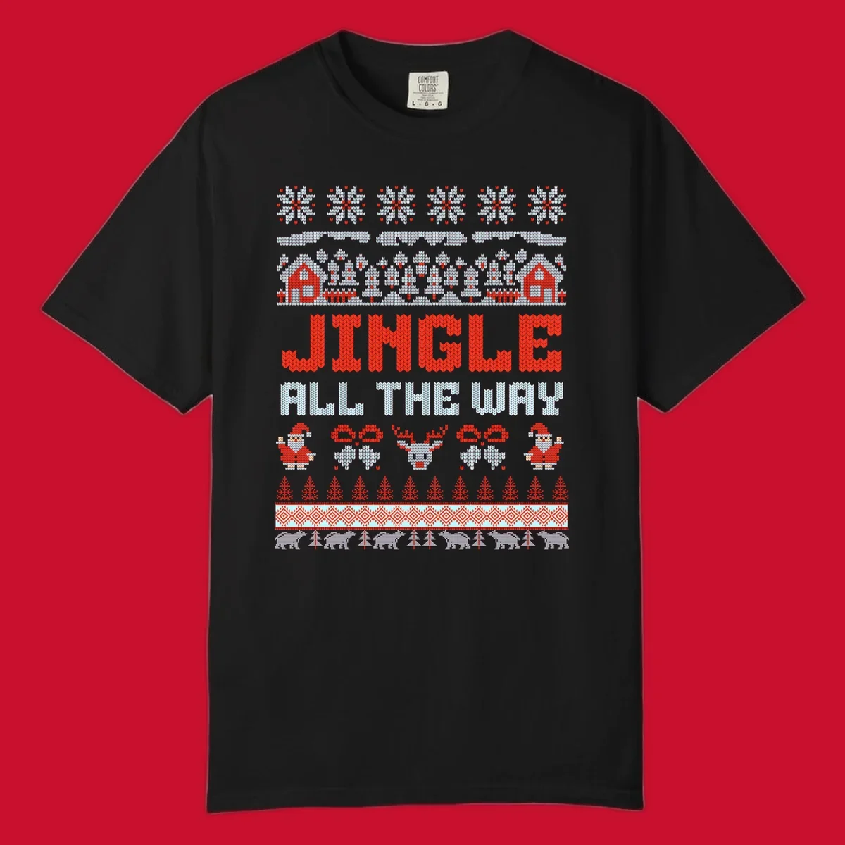 Jingle All The Way Christmas Ugly Sweater Design with Santa, Reindeer, and Snowflakes