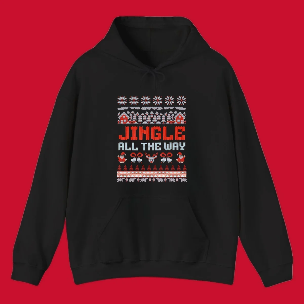 Jingle All The Way Christmas Ugly Sweater Design with Santa, Reindeer, and Snowflakes