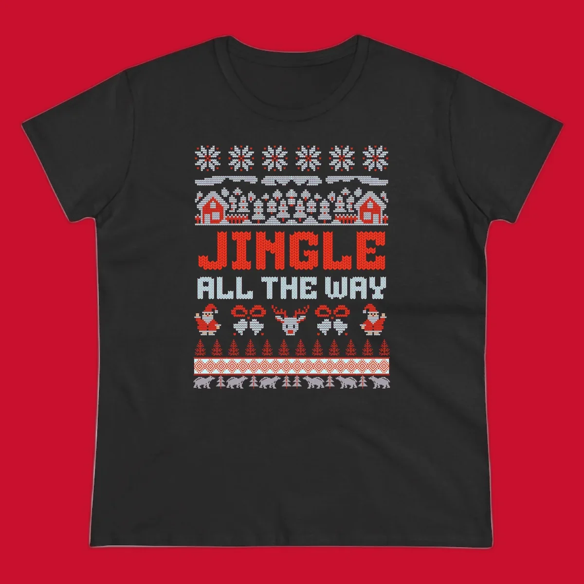 Jingle All The Way Christmas Ugly Sweater Design with Santa, Reindeer, and Snowflakes