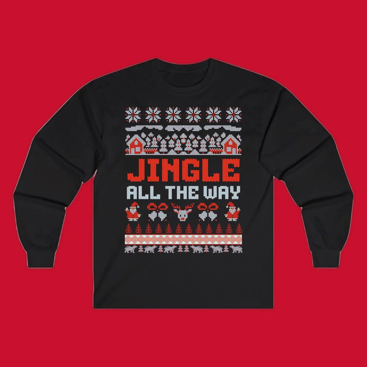 Jingle All The Way Christmas Ugly Sweater Design with Santa, Reindeer, and Snowflakes
