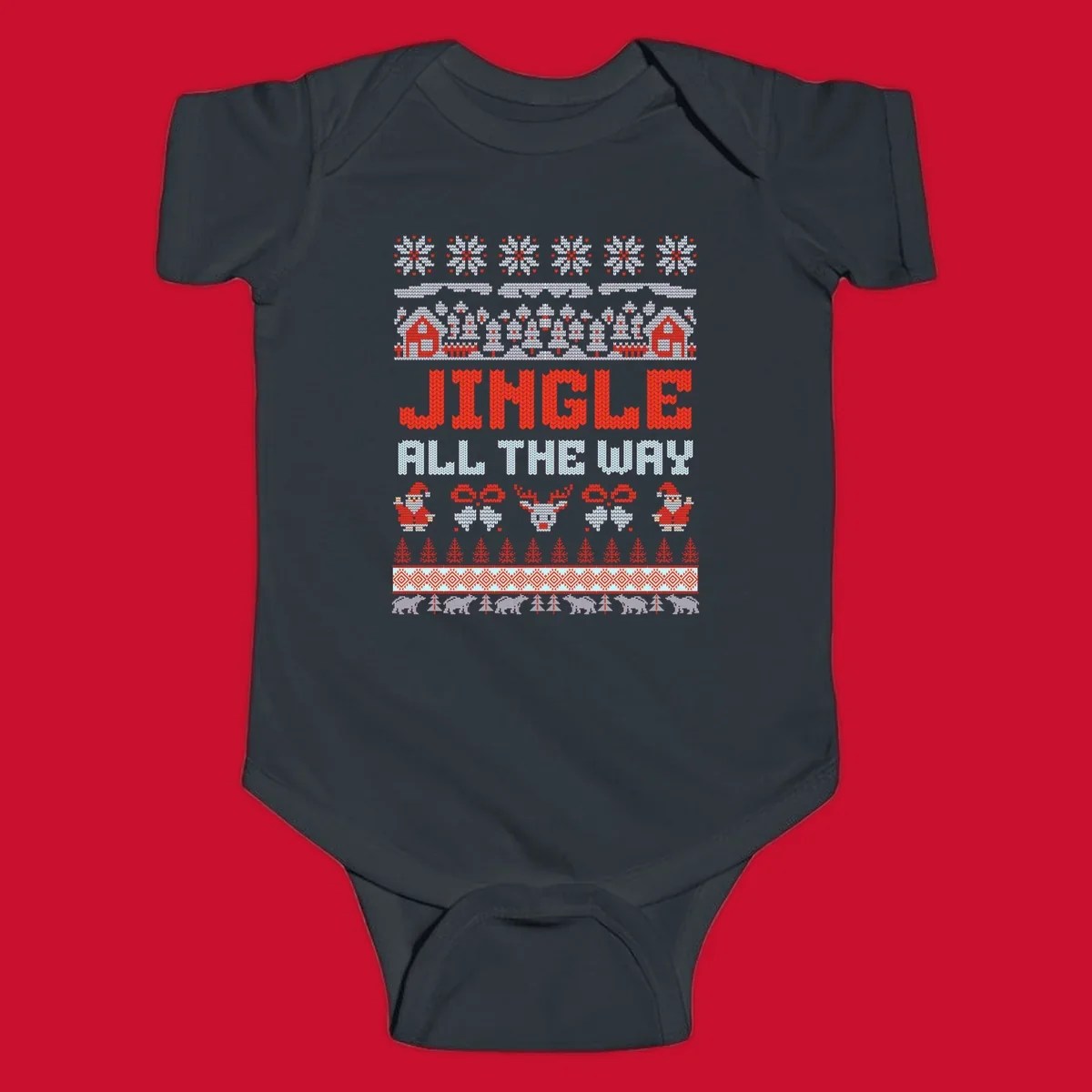 Jingle All The Way Christmas Ugly Sweater Design with Santa, Reindeer, and Snowflakes