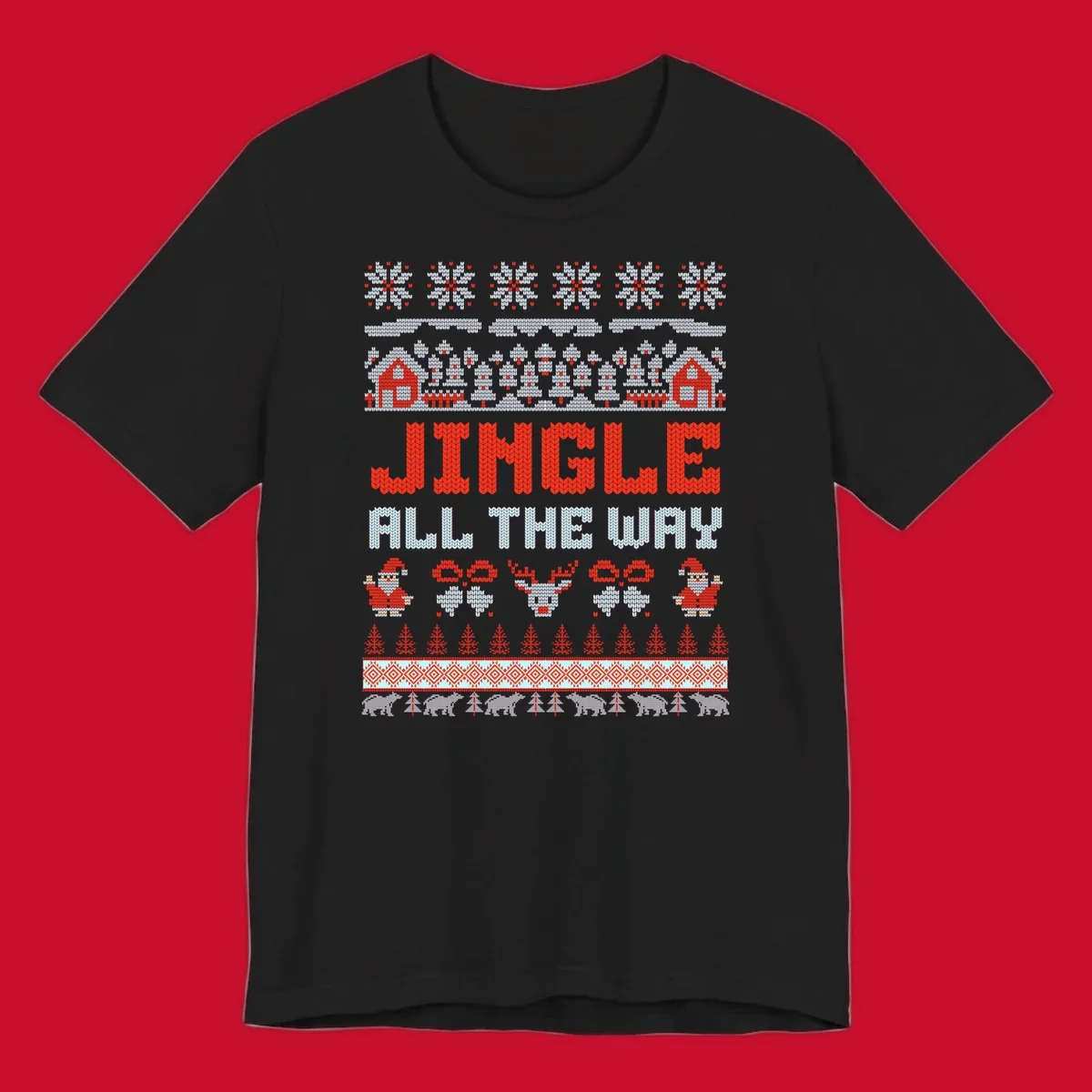 Jingle All The Way Christmas Ugly Sweater Design with Santa, Reindeer, and Snowflakes