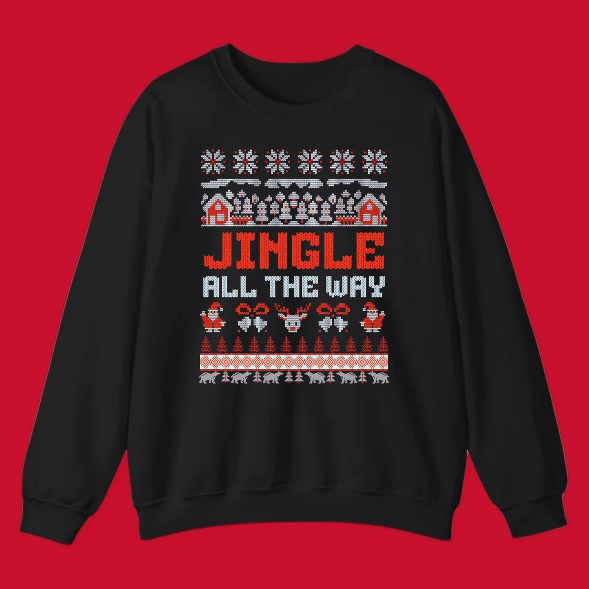 Jingle All The Way Christmas Ugly Sweater Design with Santa, Reindeer, and Snowflakes