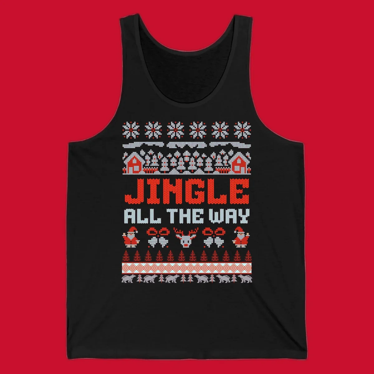 Jingle All The Way Christmas Ugly Sweater Design with Santa, Reindeer, and Snowflakes