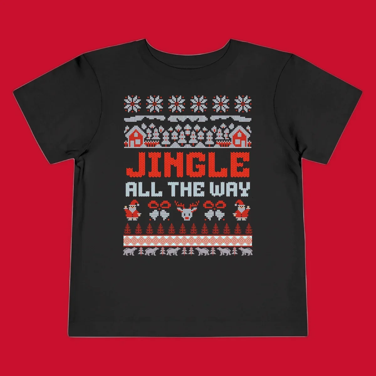 Jingle All The Way Christmas Ugly Sweater Design with Santa, Reindeer, and Snowflakes