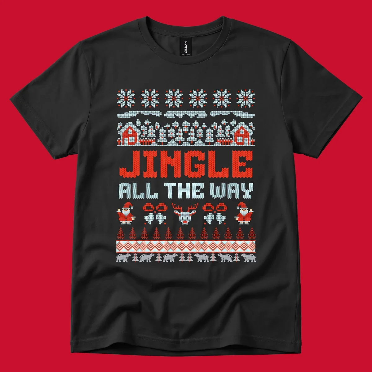 Jingle All The Way Christmas Ugly Sweater Design with Santa, Reindeer, and Snowflakes