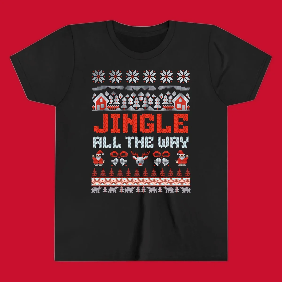 Jingle All The Way Christmas Ugly Sweater Design with Santa, Reindeer, and Snowflakes