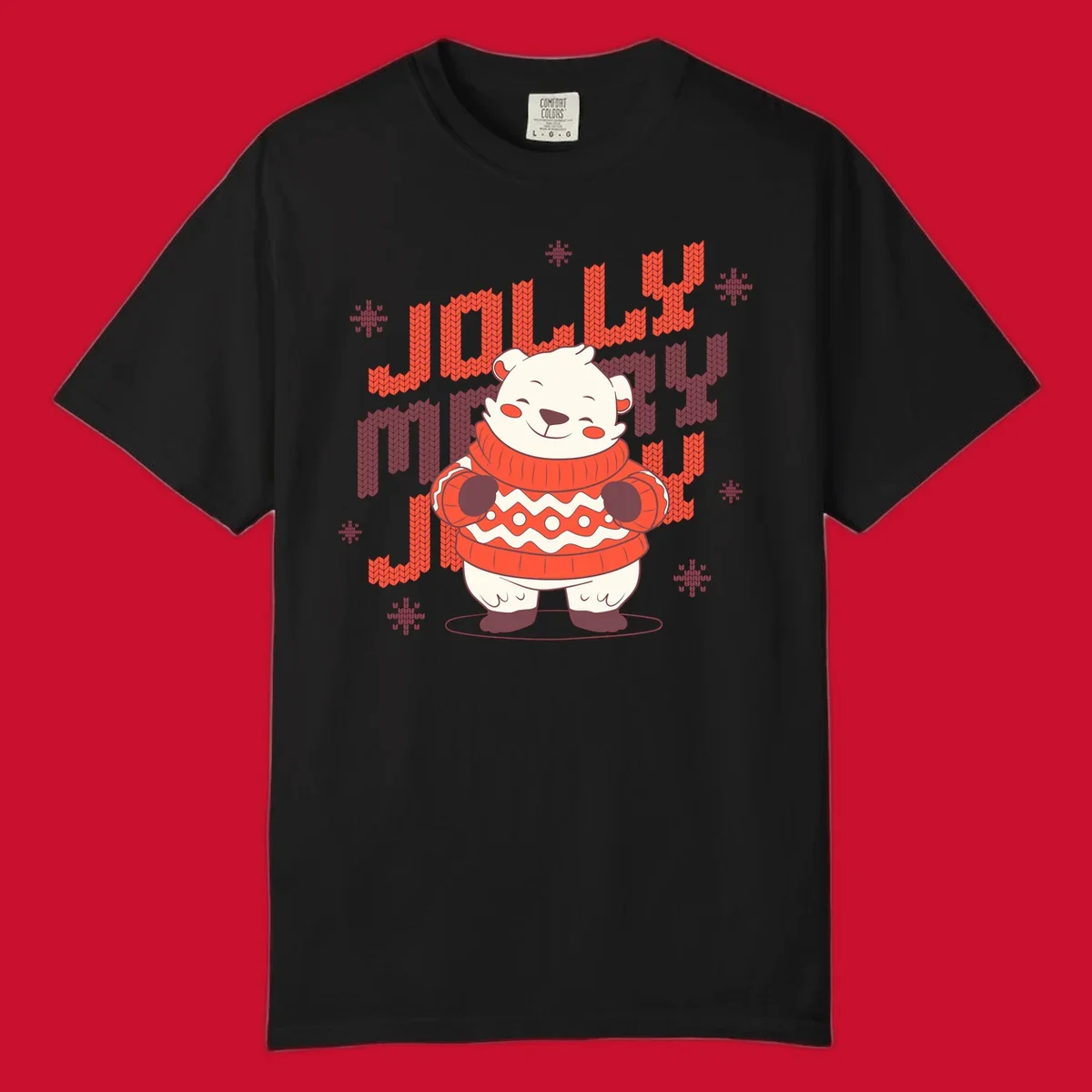 Jolly merry polar bear in a sweater with snowflakes, text: JOLLY MERRY