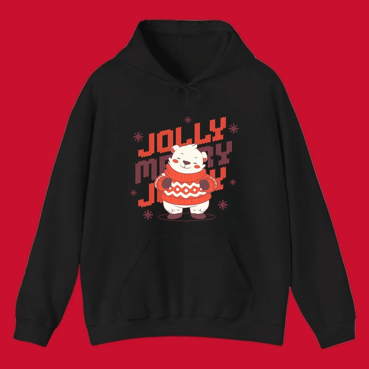 Jolly merry polar bear in a sweater with snowflakes, text: JOLLY MERRY