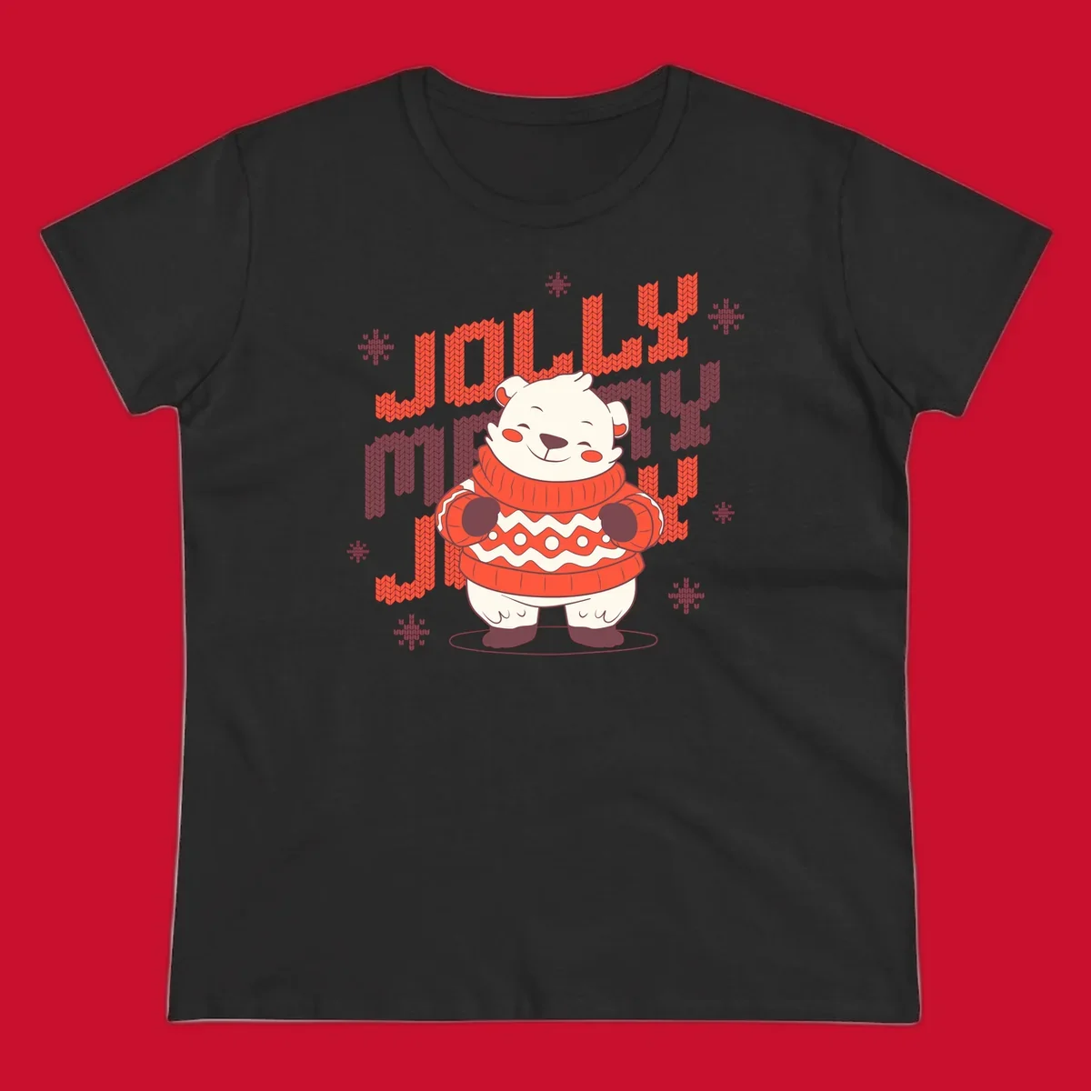 Jolly merry polar bear in a sweater with snowflakes, text: JOLLY MERRY