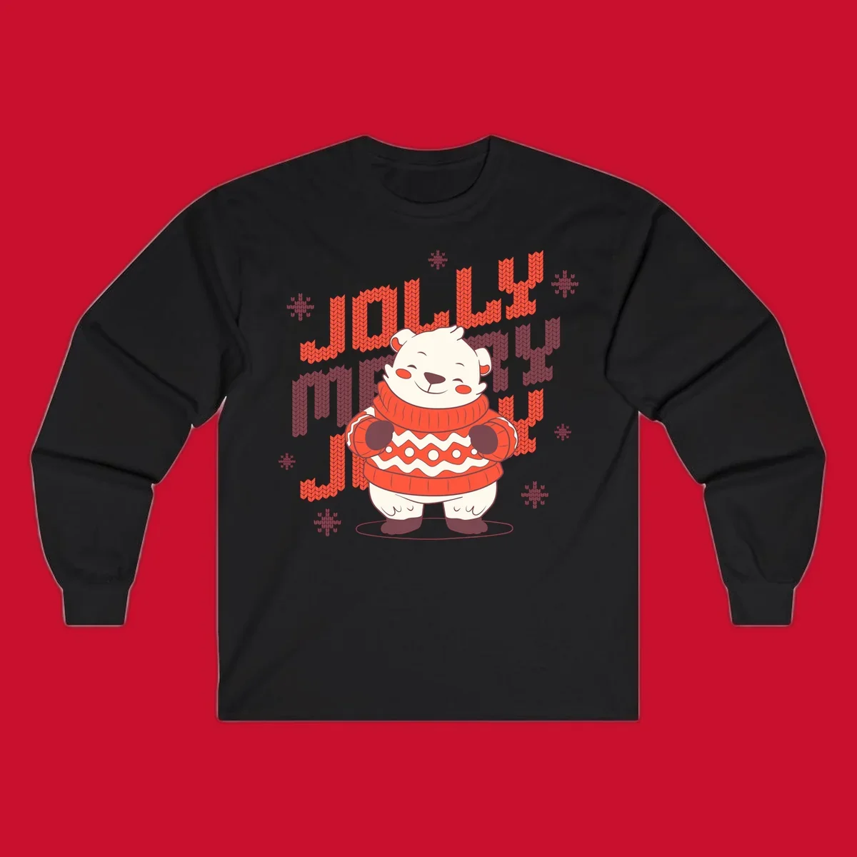 Jolly merry polar bear in a sweater with snowflakes, text: JOLLY MERRY