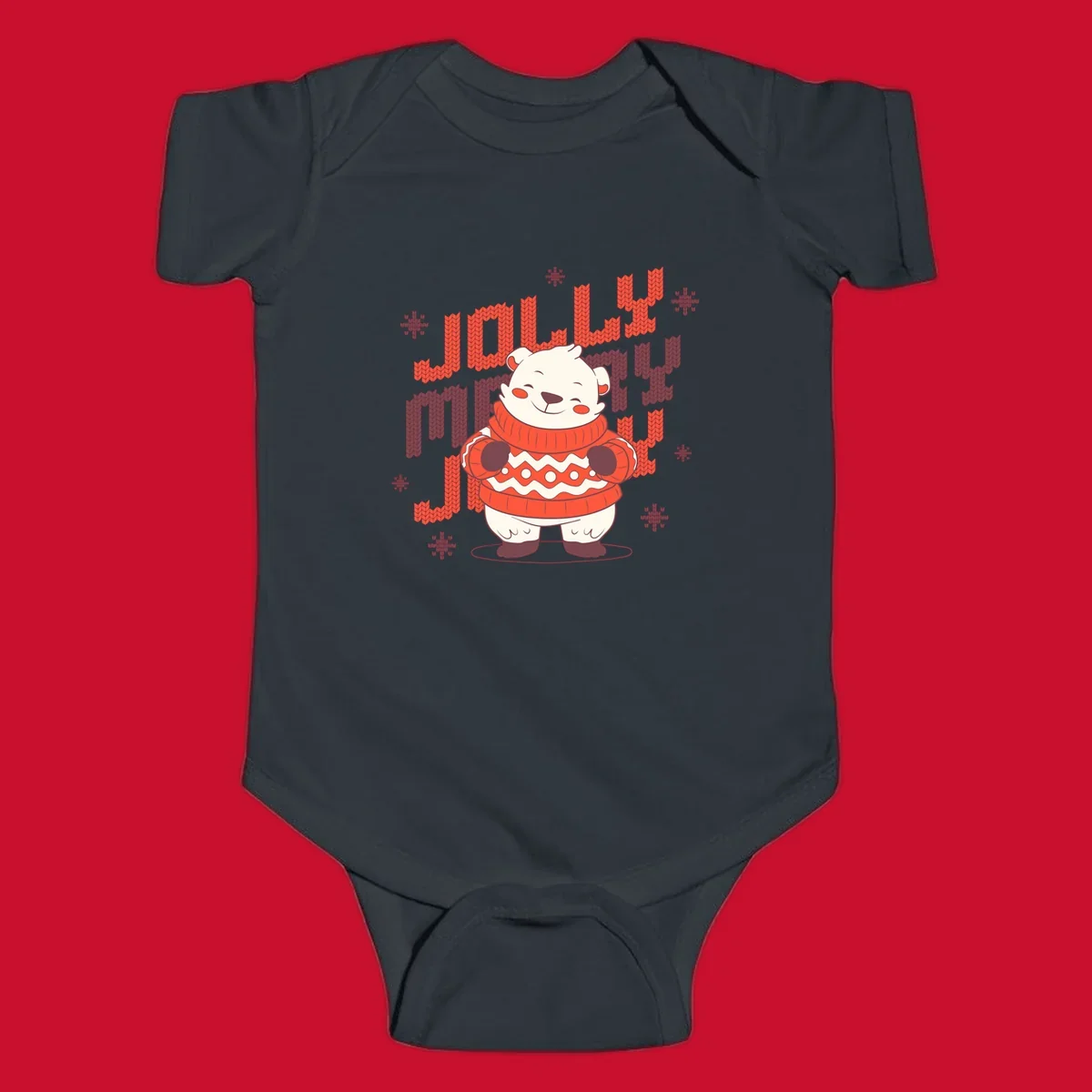 Jolly merry polar bear in a sweater with snowflakes, text: JOLLY MERRY