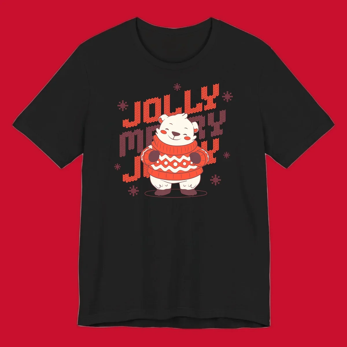 Jolly merry polar bear in a sweater with snowflakes, text: JOLLY MERRY