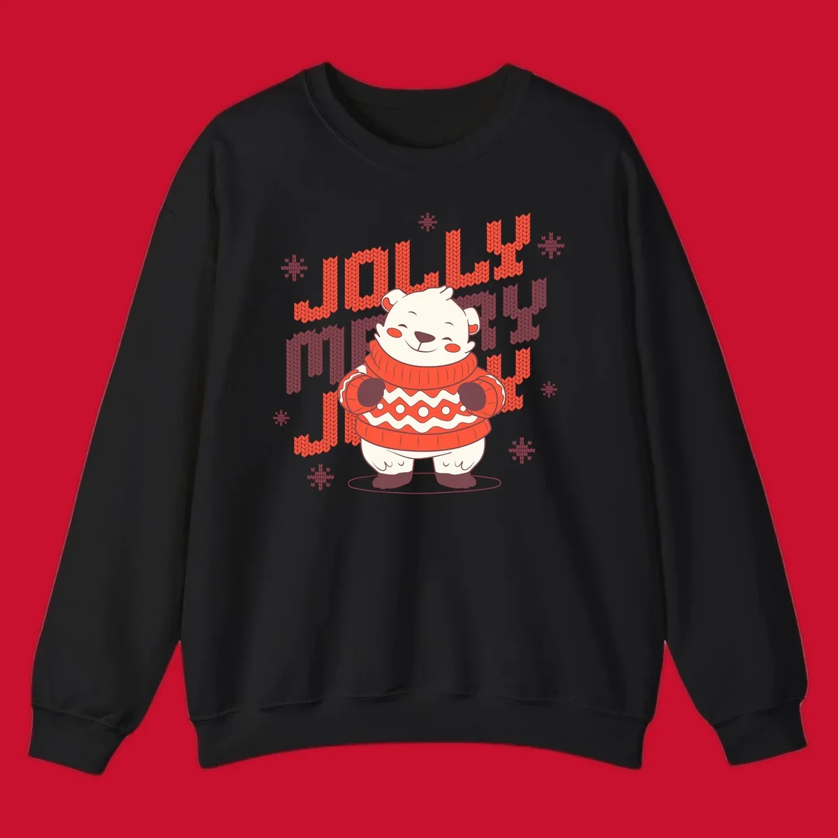 Jolly merry polar bear in a sweater with snowflakes, text: JOLLY MERRY