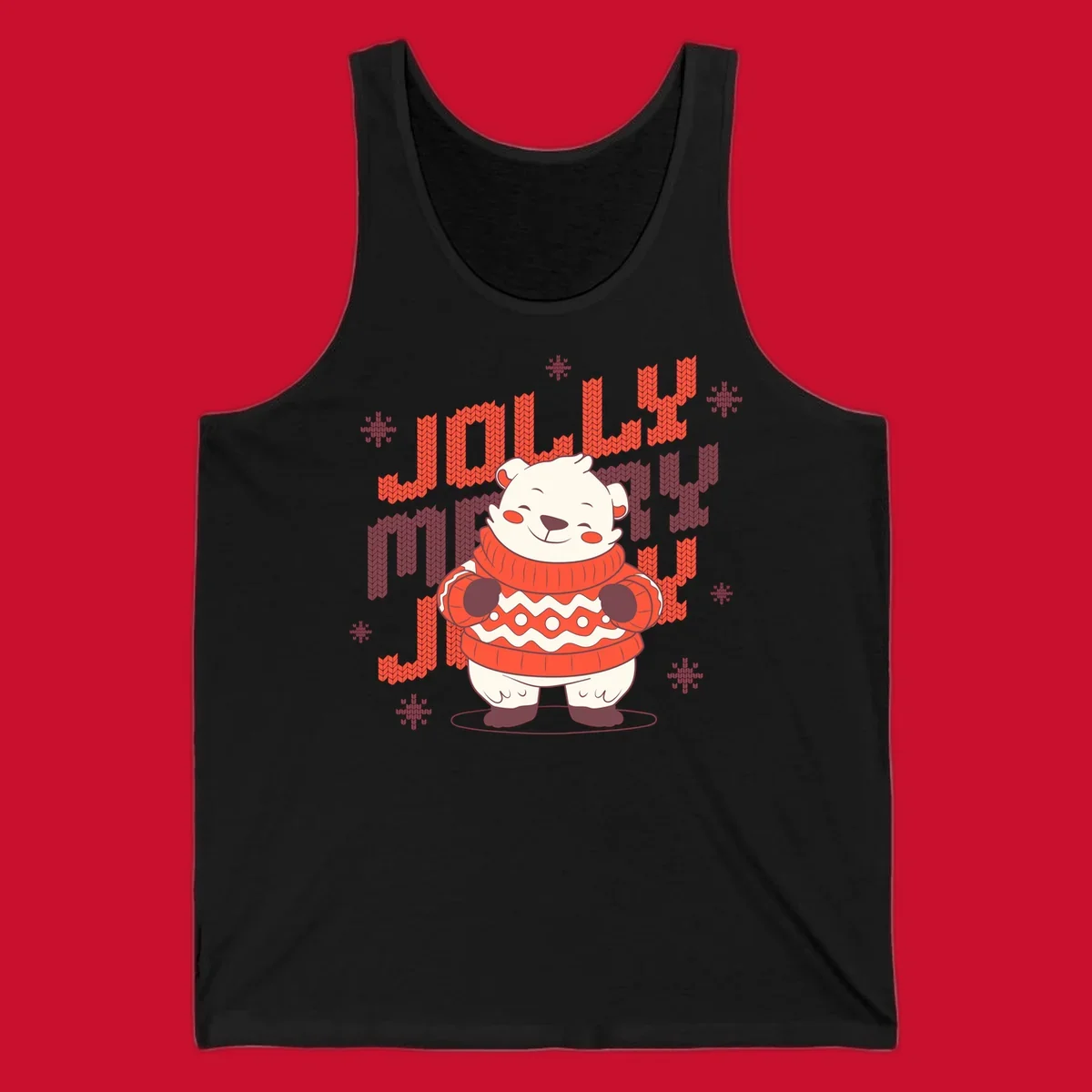 Jolly merry polar bear in a sweater with snowflakes, text: JOLLY MERRY