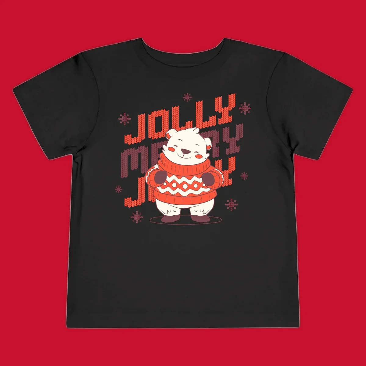 Jolly merry polar bear in a sweater with snowflakes, text: JOLLY MERRY