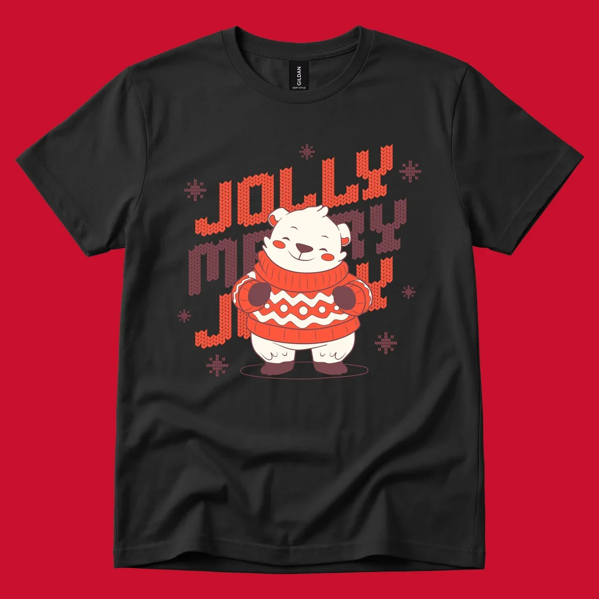 Jolly merry polar bear in a sweater with snowflakes, text: JOLLY MERRY