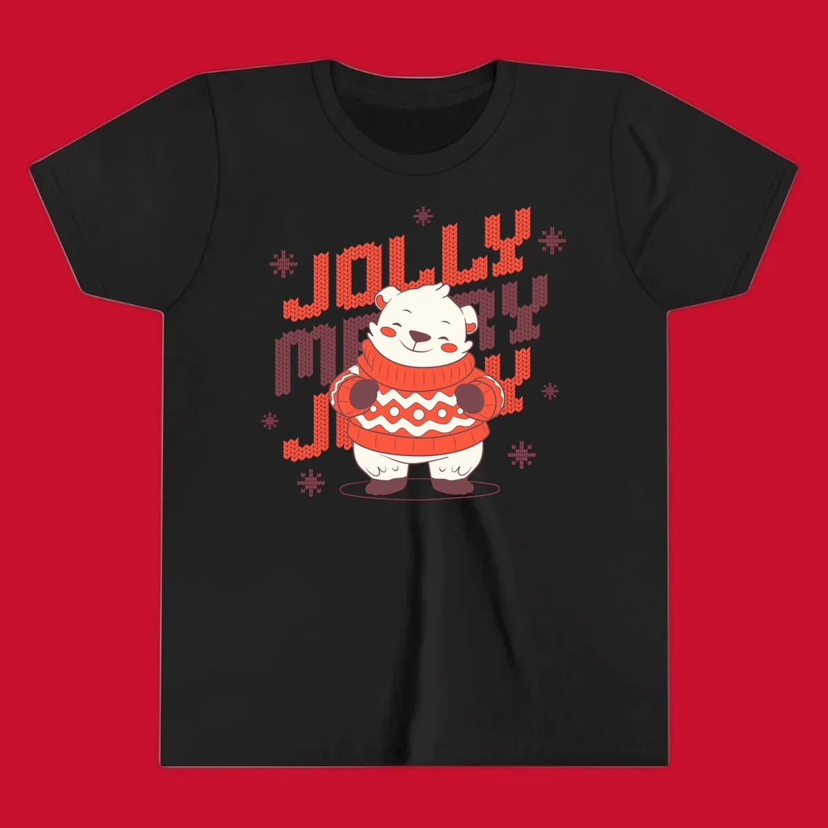 Jolly merry polar bear in a sweater with snowflakes, text: JOLLY MERRY
