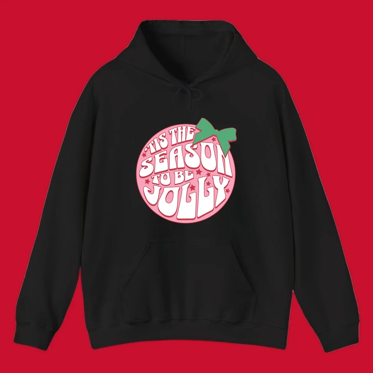 Tis the season to be jolly text with bow and stars, pink oval